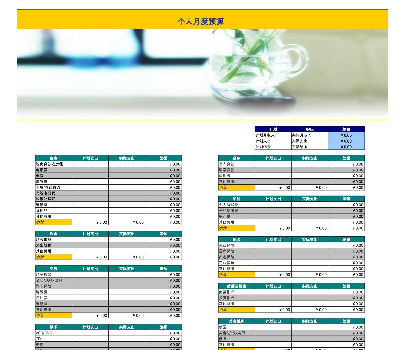 个人月度预算财务表-excel模板