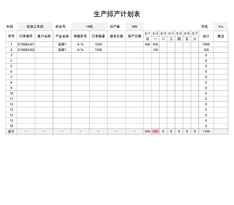 生产排产计划表-excel模板