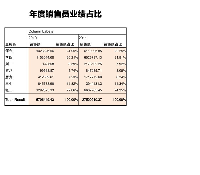 年度销售员业绩及占比分析-excel模板